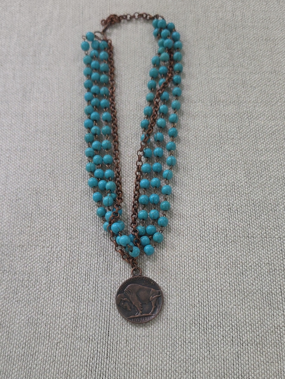 Turquoise Beaded Multi-Strand Necklace with Coin Pendant NWOT